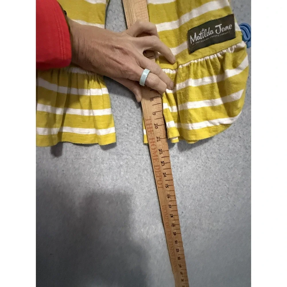 Matilda‎ Jane Capri Pants Girls 4 Yellow Stripe Ruffle Hem Blue Tie Jersey Knit